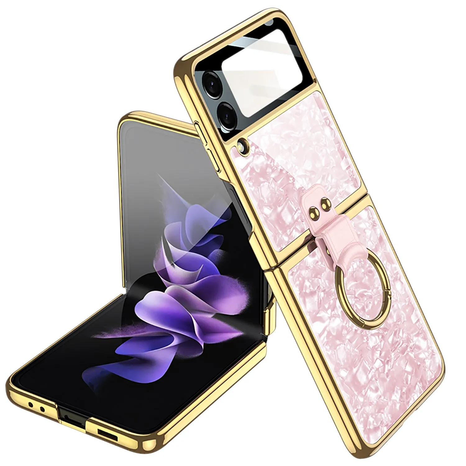 Shell Pattern Tempered Glass Case For Samsung Galaxy Z Flip 3 5G Plating Frame Ring hard Phone Cover For Galaxy Z Flip3 Case